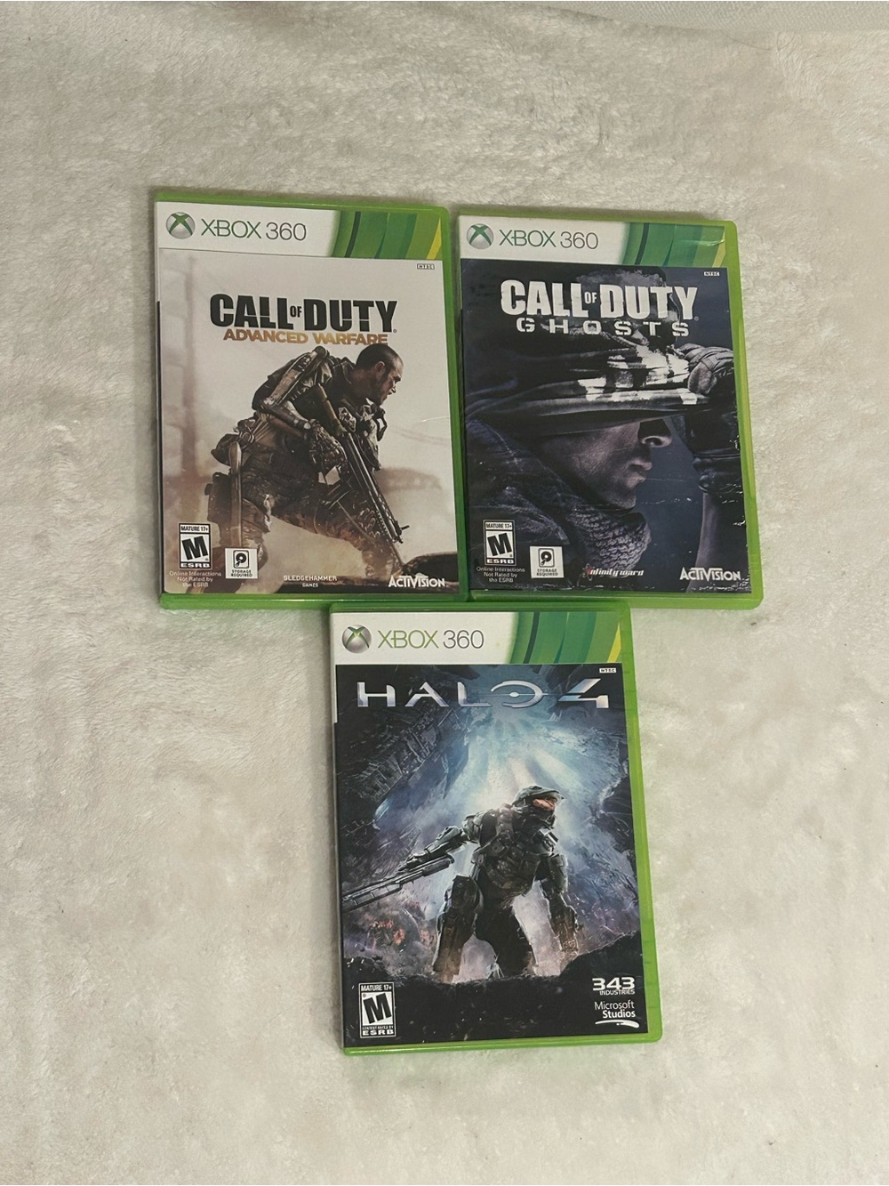 Xbox 360 Game Bundle - Call of Duty AW& Ghosts + Halo 4 (Green Cases)